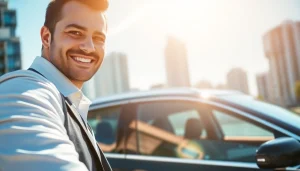 Experience premium car rental service with our professional chauffeur beside a luxury sedan in the city.