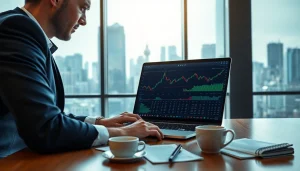Engage with ai trading insights while analyzing market trends on a laptop in a modern office.