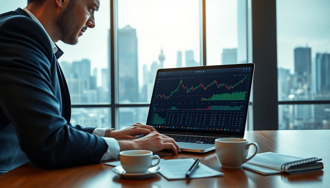 Engage with ai trading insights while analyzing market trends on a laptop in a modern office.
