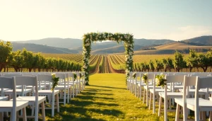 Clarksburg wedding venues beautifully set up for an outdoor vineyard ceremony with floral decorations and scenic hills.