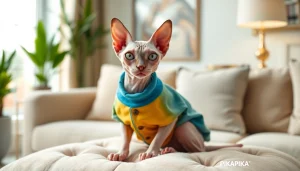 Adorable Sphynx cat wearing stylish PIKAPIKA Sphynx Clothes on a plush cushion.