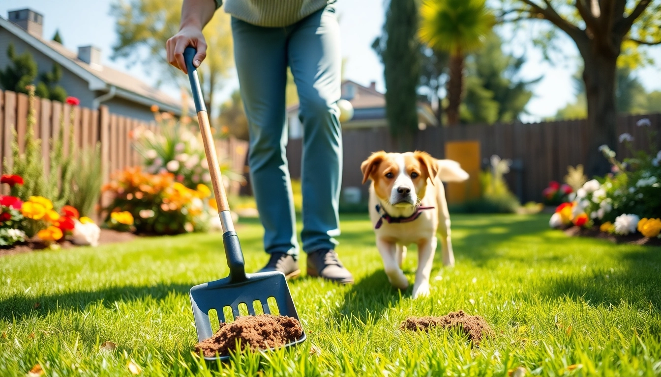 Dog owner responsibly cleans up dog poop in a green yard with a pooper scooper.