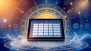 Engage with the numerology calculator in a mystical digital setting featuring cosmic symbols and charts.