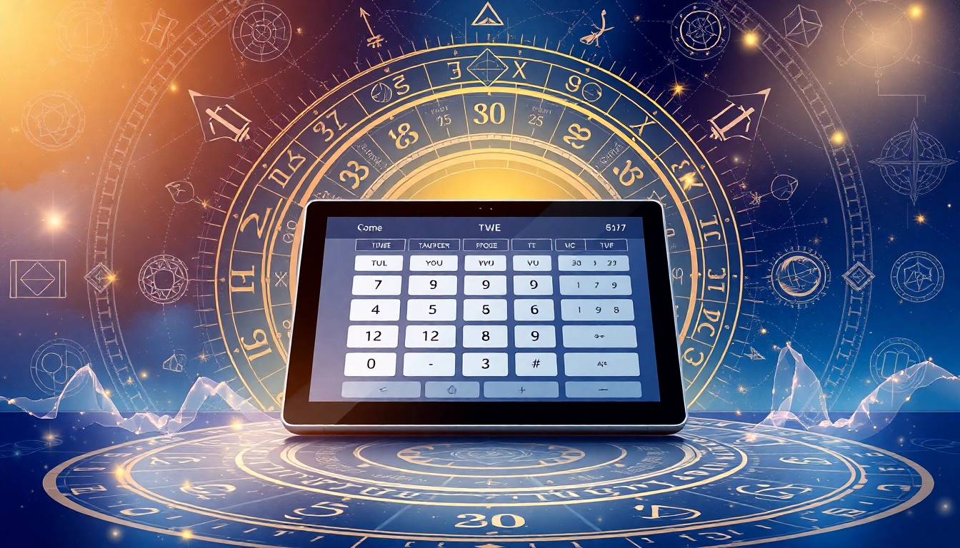 Engage with the numerology calculator in a mystical digital setting featuring cosmic symbols and charts.