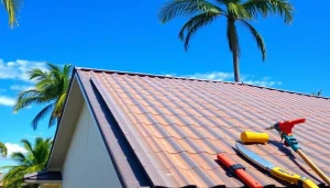 Install a durable florida metal roof in a sunny Florida neighborhood with palm trees and blue skies.