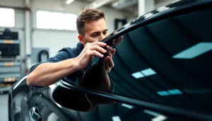 Apply car tint to enhance vehicle aesthetics and UV protection in a professional garage setup.