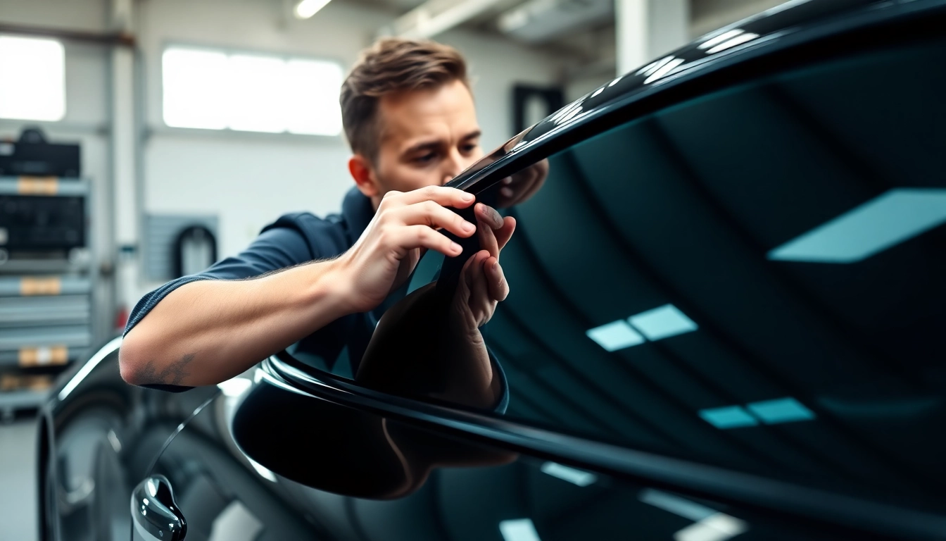 Apply car tint to enhance vehicle aesthetics and UV protection in a professional garage setup.