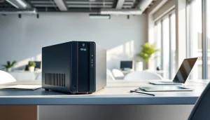Showcasing Qnap Storage unit in a modern office, highlighting its sleek design and functionality.