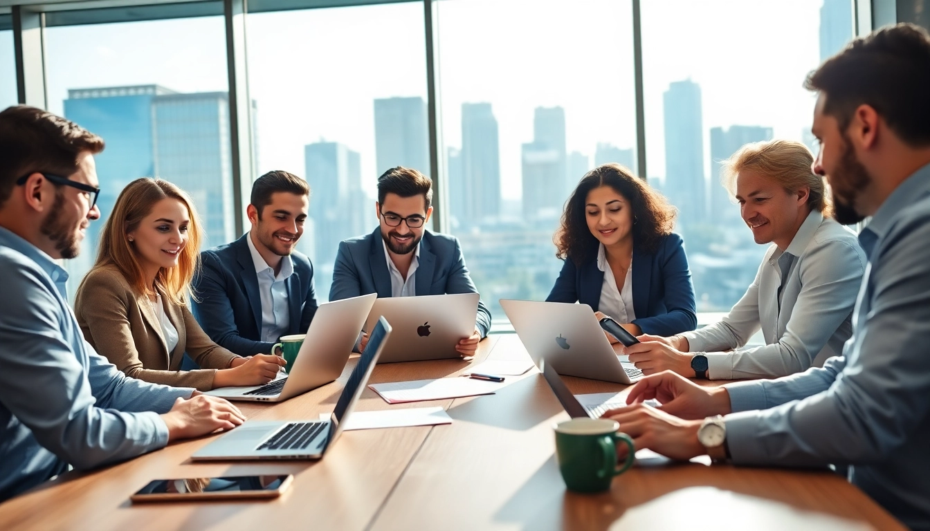 Enhance corporate travel for small business with a professional diverse team collaborating in a modern office.