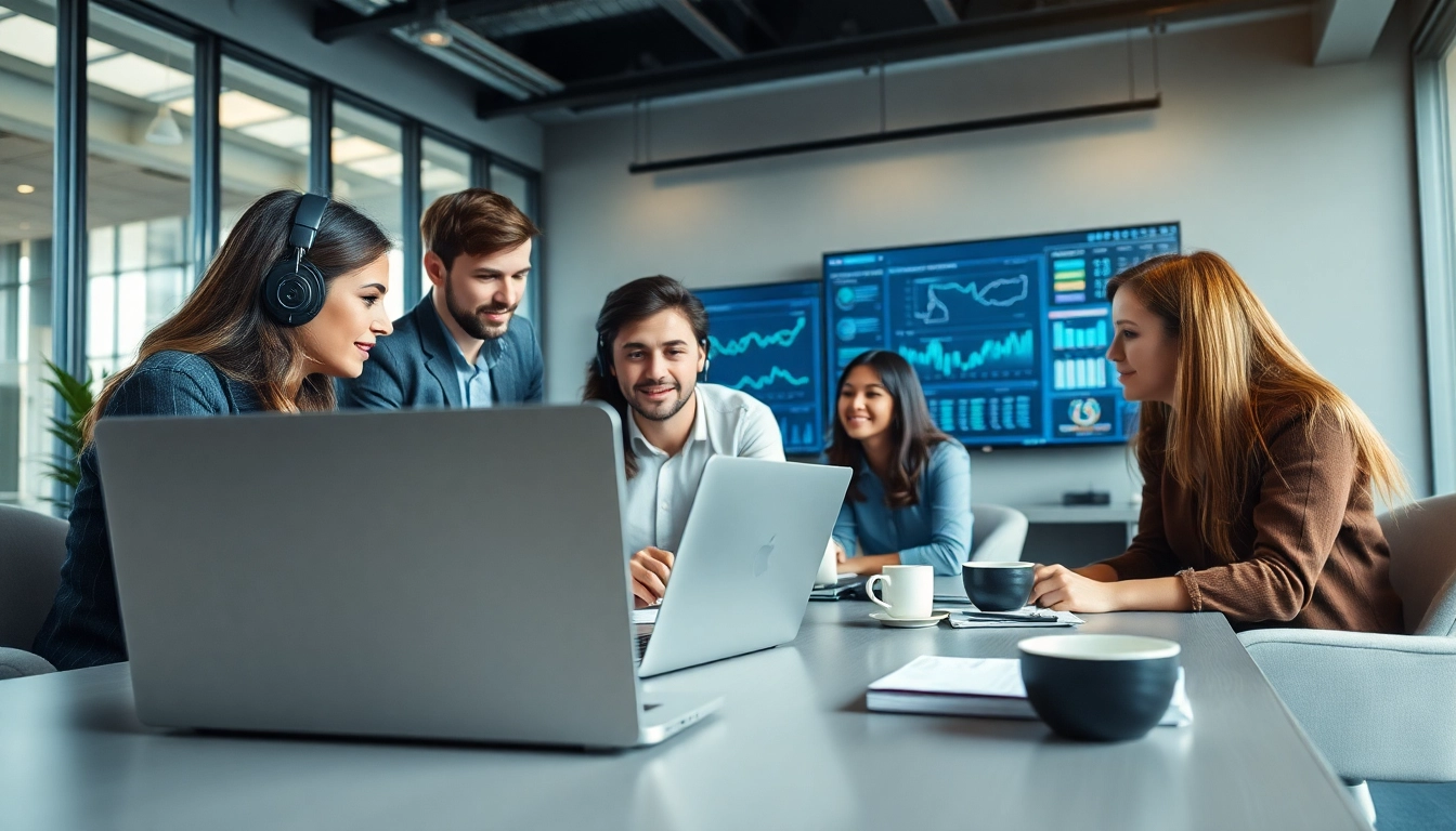 Rovertech IT Support 团队在现代办公室中合作,展示解决问题的活动。