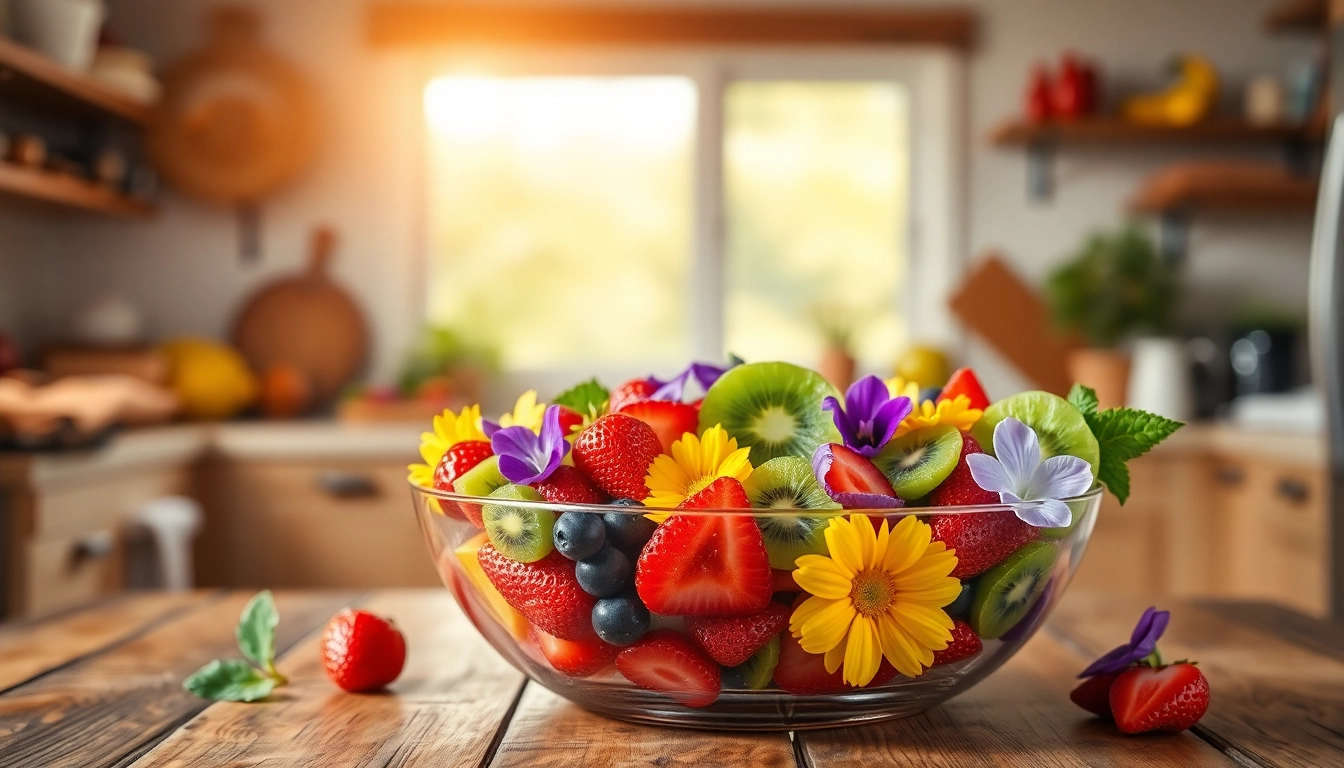 Indulge in the vibrant flavors of Ambrosia fruit bowl decorated with fresh edible flowers.