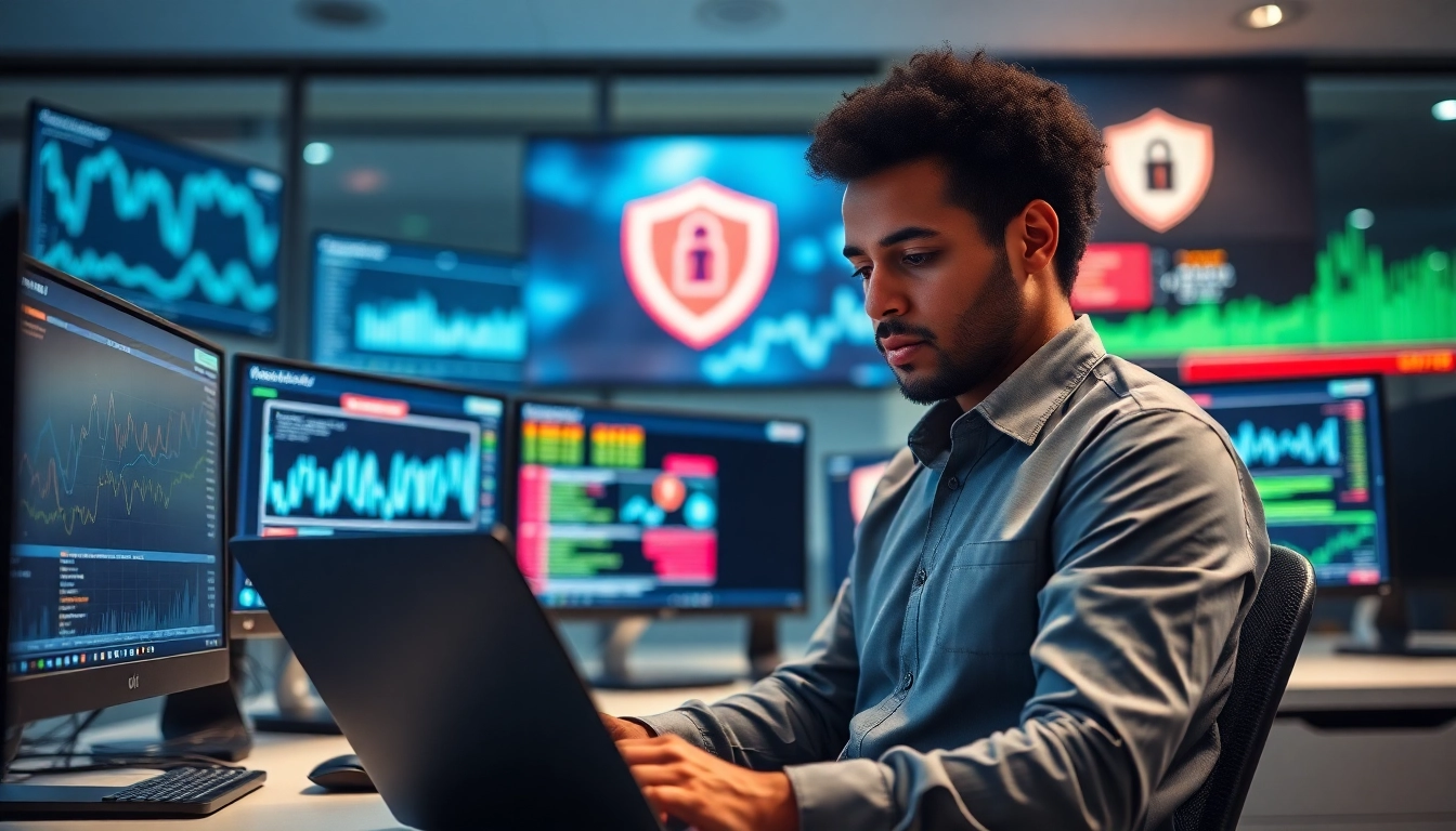 Engaged cybersecurity analyst reviewing data for cyber security services in a high-tech office.