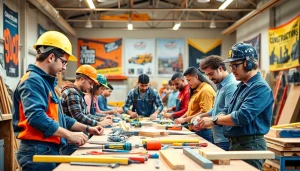 Hands-on training at construction trade schools in Texas, showcasing diverse students with tools in a vibrant workshop.