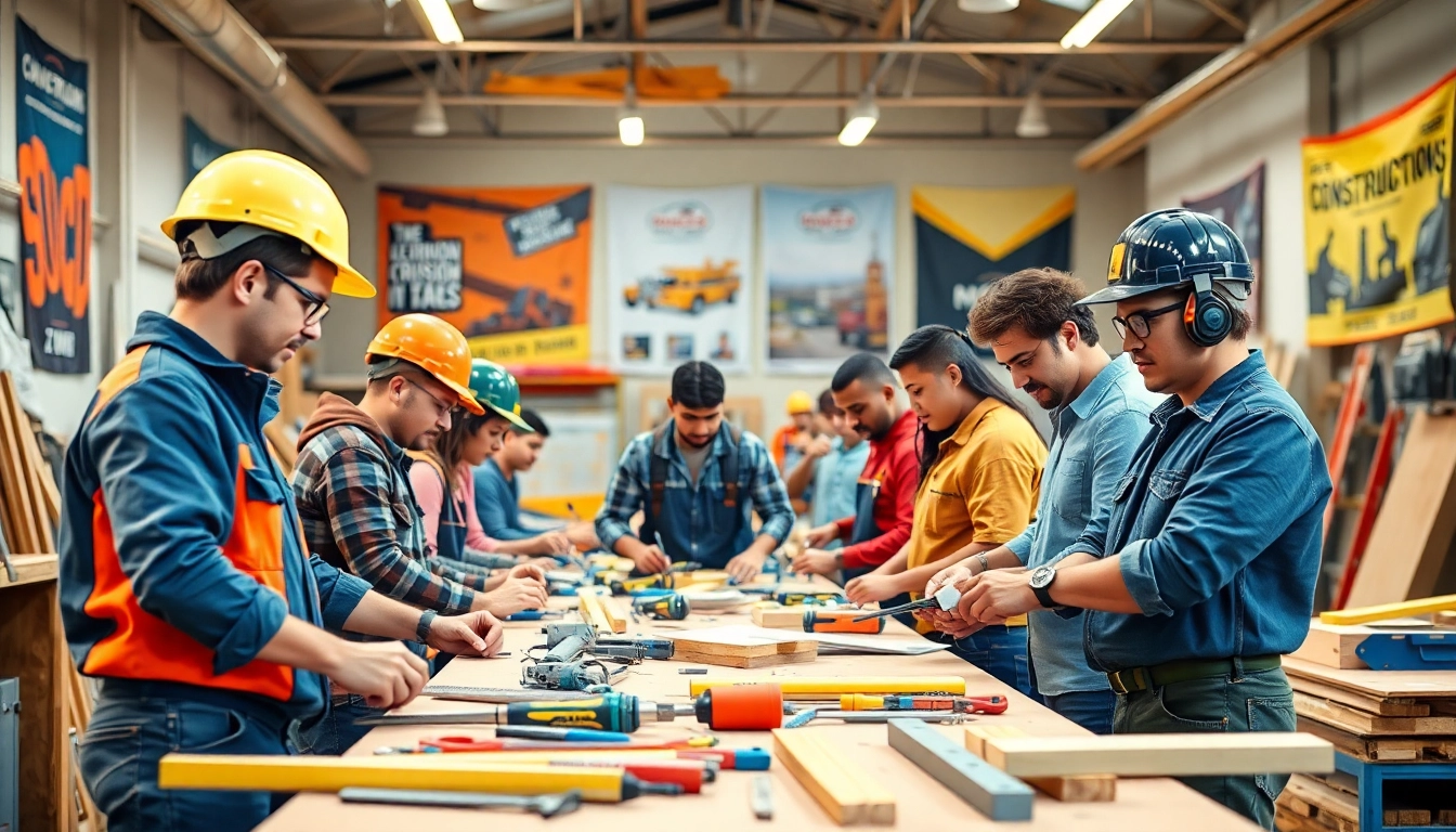 Hands-on training at construction trade schools in Texas, showcasing diverse students with tools in a vibrant workshop.