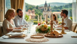 Cultural celebration at European Pesach hotels featuring a family gathering around a beautifully set Seder table.