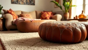 Enhance your decor with unique Moroccan Leather Poufs and Ottomans featuring handcrafted details.