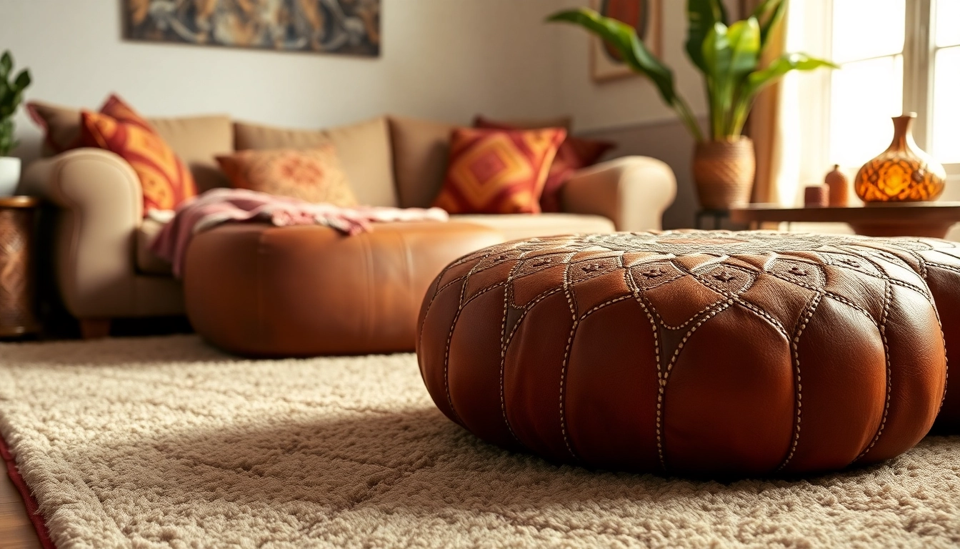 Enhance your decor with unique Moroccan Leather Poufs and Ottomans featuring handcrafted details.