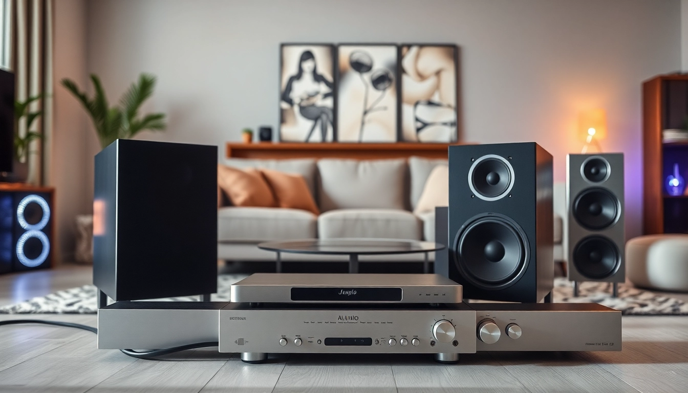 Enhance your home audio installation near me with a modern setup featuring sleek speakers and a sound system.