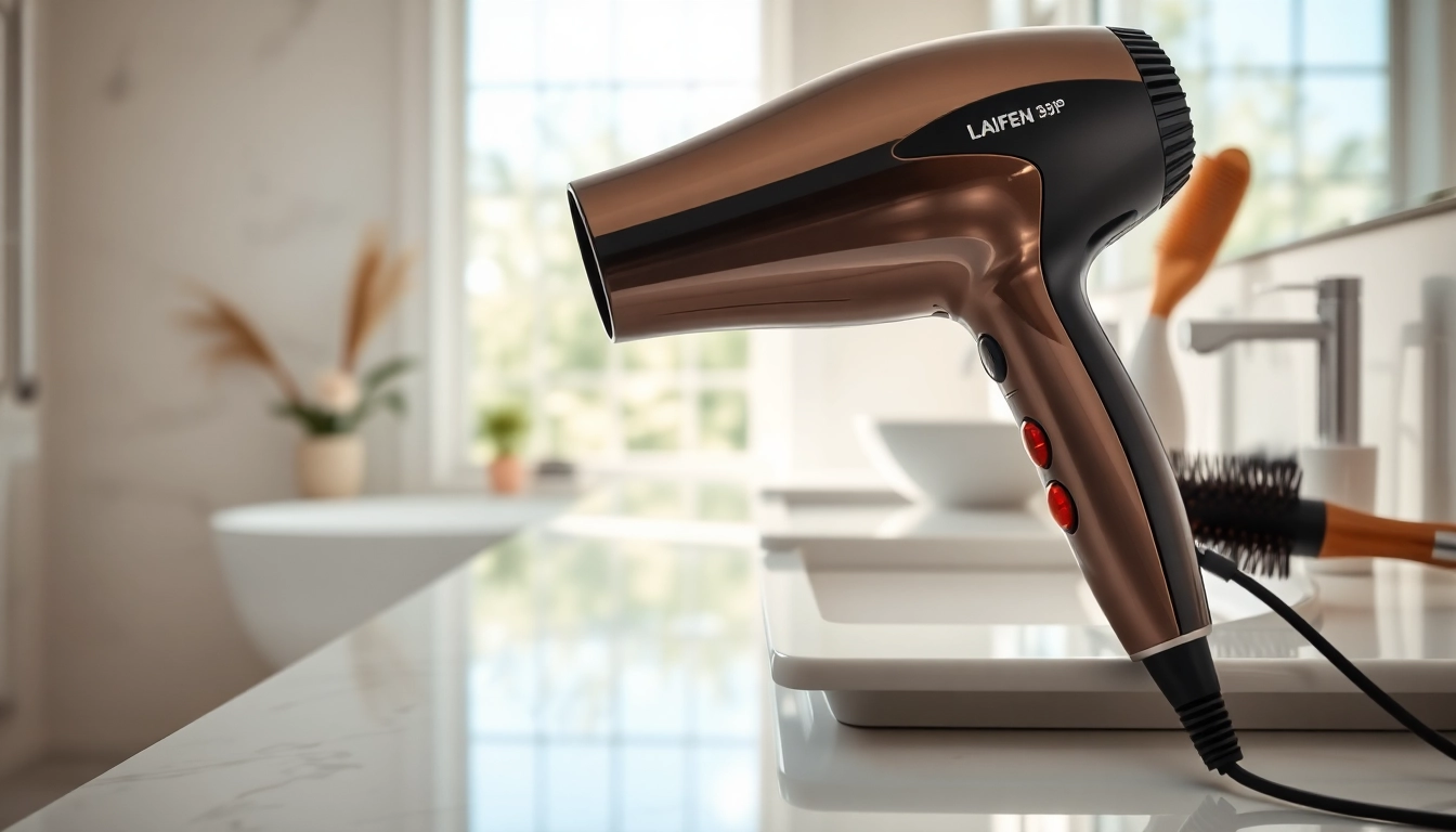 Using the Laifen hair dryer in a stylish bathroom setting, highlighting its premium design.