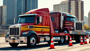 Affordable big rig towing company performing a crucial tow service in an urban environment.