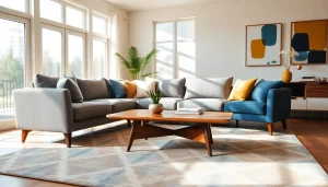 MCM Home Decor showcasing a stylish mid-century modern living room with vibrant accents.