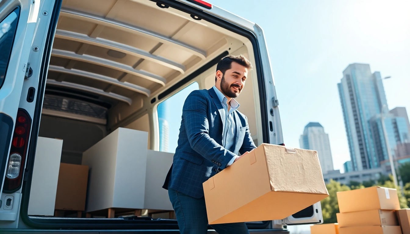 Man and van Moving service actively loading furniture into a professional moving van amidst urban cityscape.
