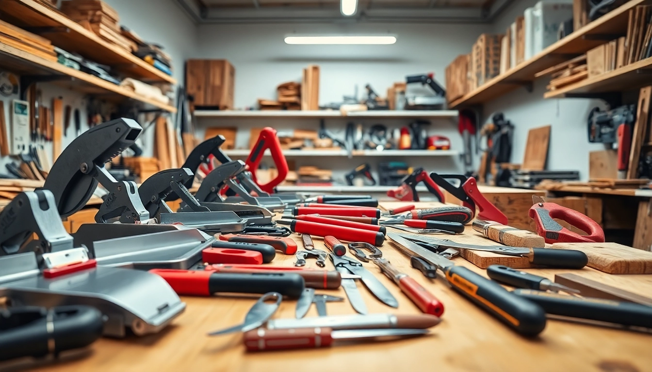 Professional cutting equipment showcased on a workshop bench with various tools for precision cutting.
