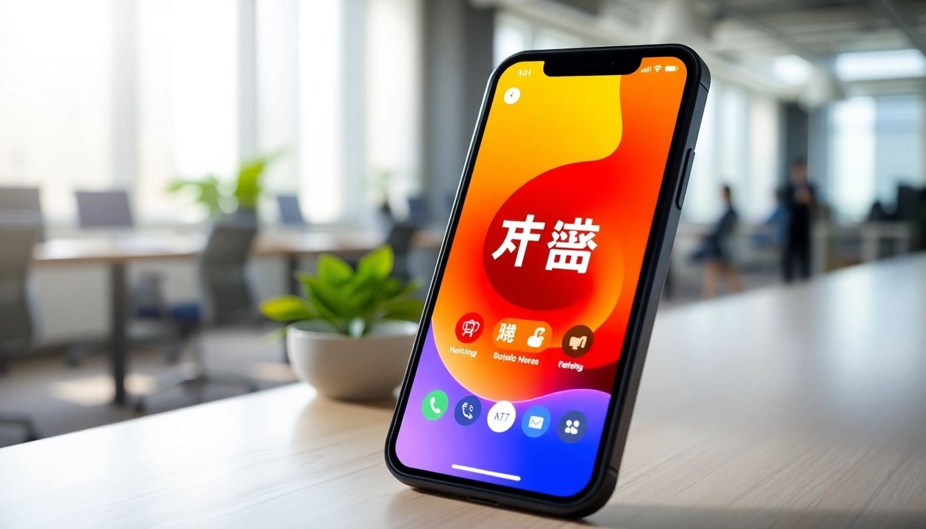 Interact with the stylish 美洽下载 app interface showcased on a smartphone in a professional setting.