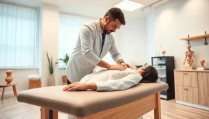 Chiropractor near me adjusting a patient in a welcoming clinic environment with natural light.