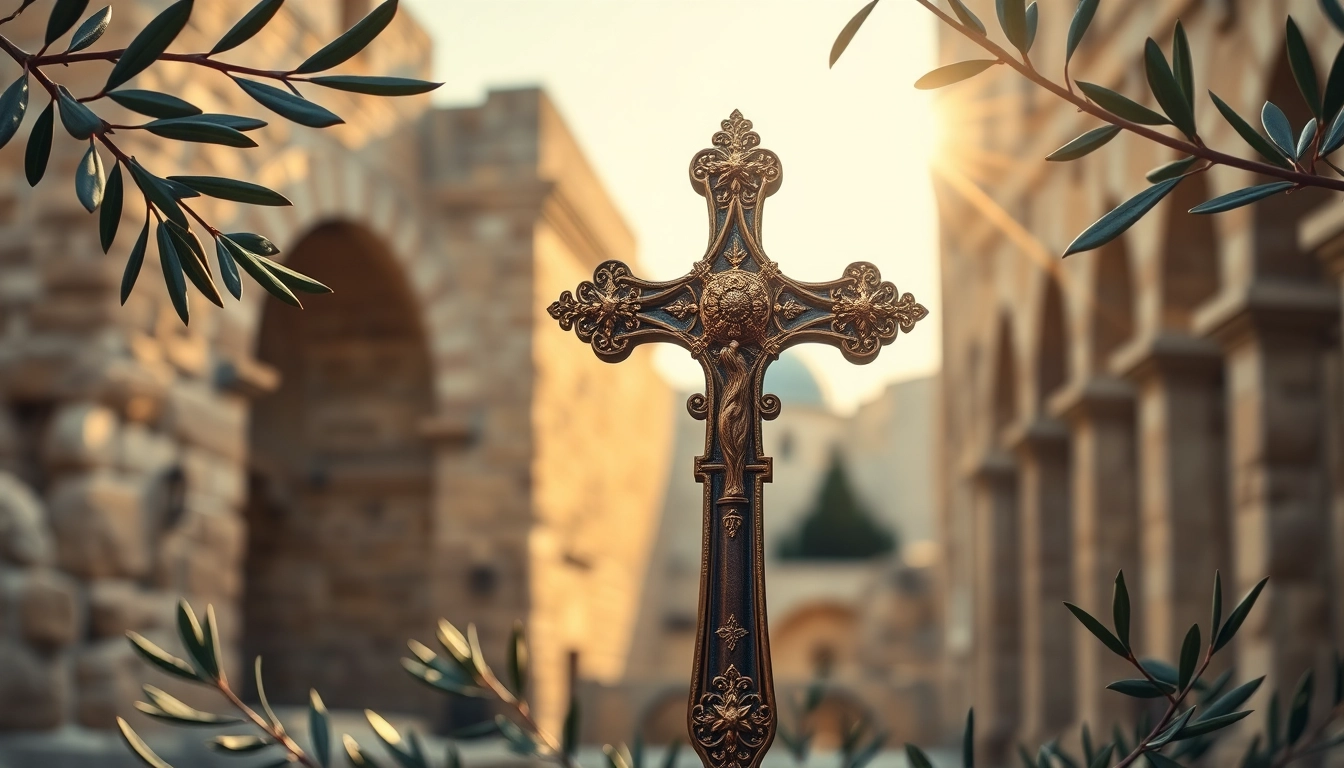 Admiring Jerusalem crosses showcasing intricate designs and historical significance in a beautiful setting.