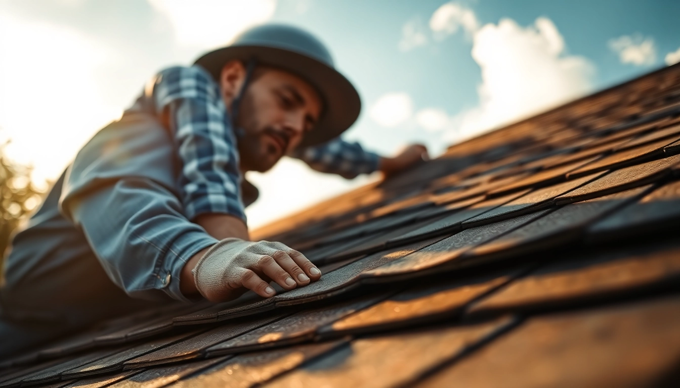 Showcase of the best roofing company in Austin with a professional inspecting high-quality roofing materials.