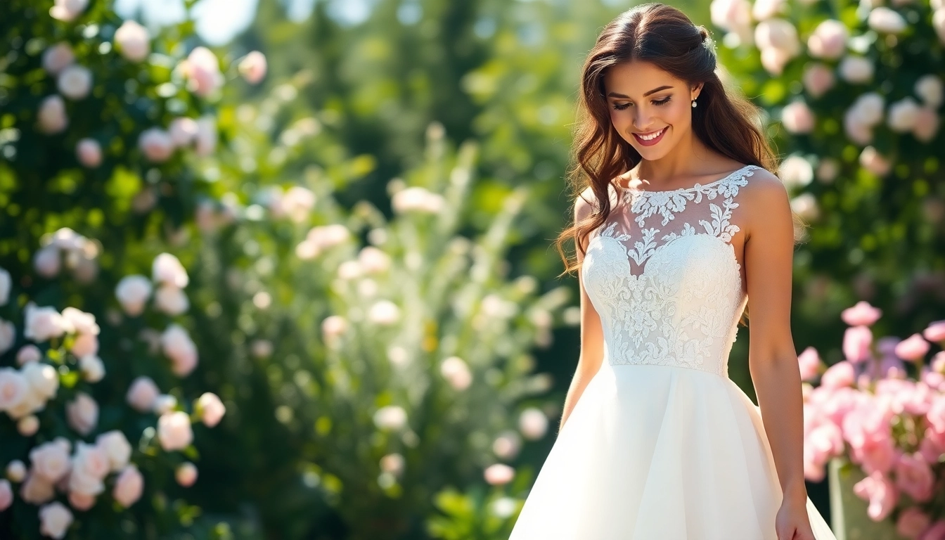 Showcasing a bride in a fit and flare wedding dress surrounded by floral beauty.