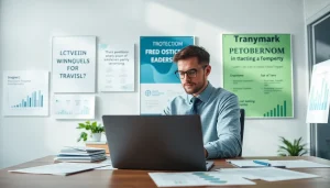 Detailing the trademark application process in a professional office setting with trademark-related materials.