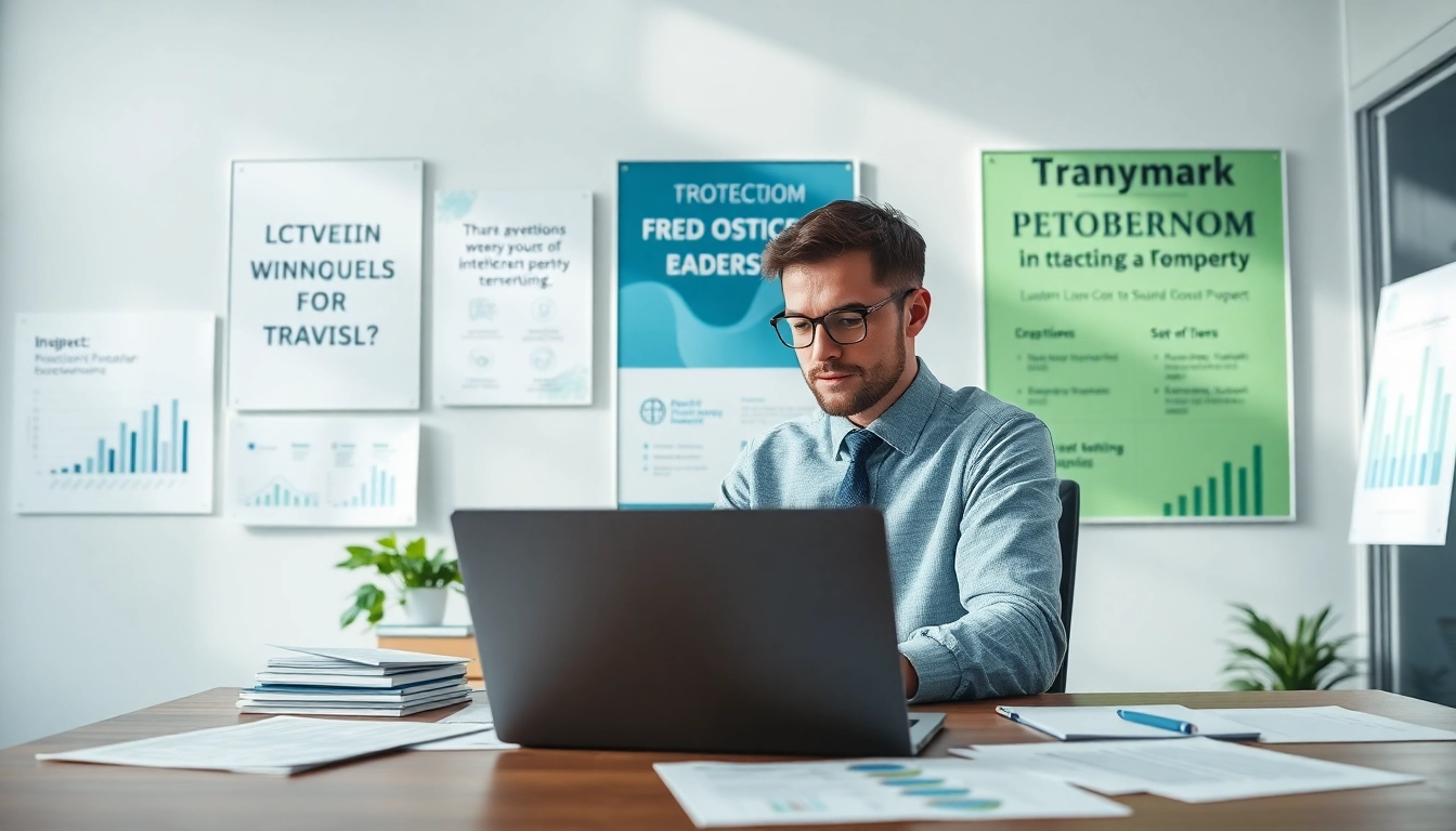 Detailing the trademark application process in a professional office setting with trademark-related materials.