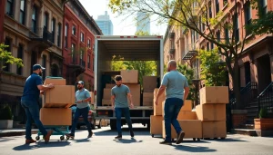 Brooklyn movers diligently loading boxes into a truck in a bustling neighborhood.