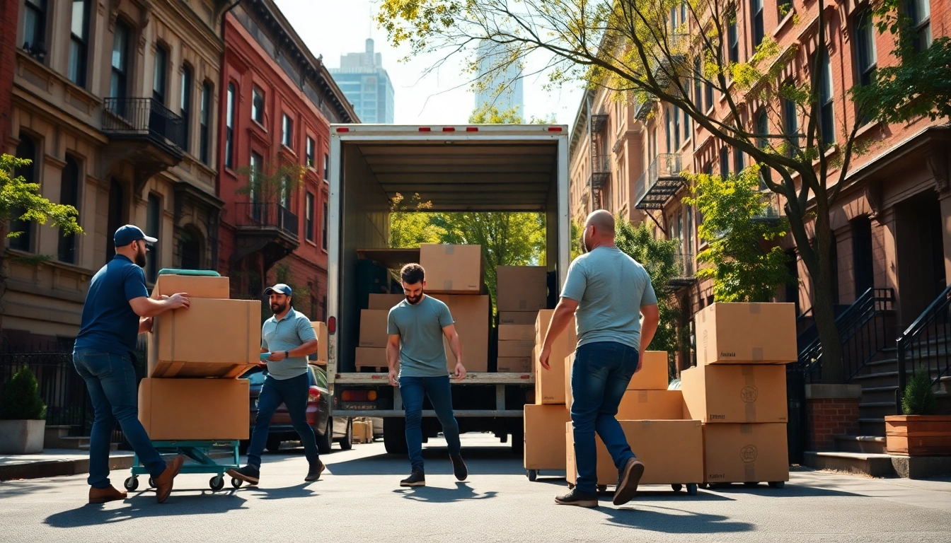 Brooklyn movers diligently loading boxes into a truck in a bustling neighborhood.