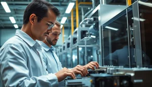 American engineers collaborating in a microchip factory to enhance technology.