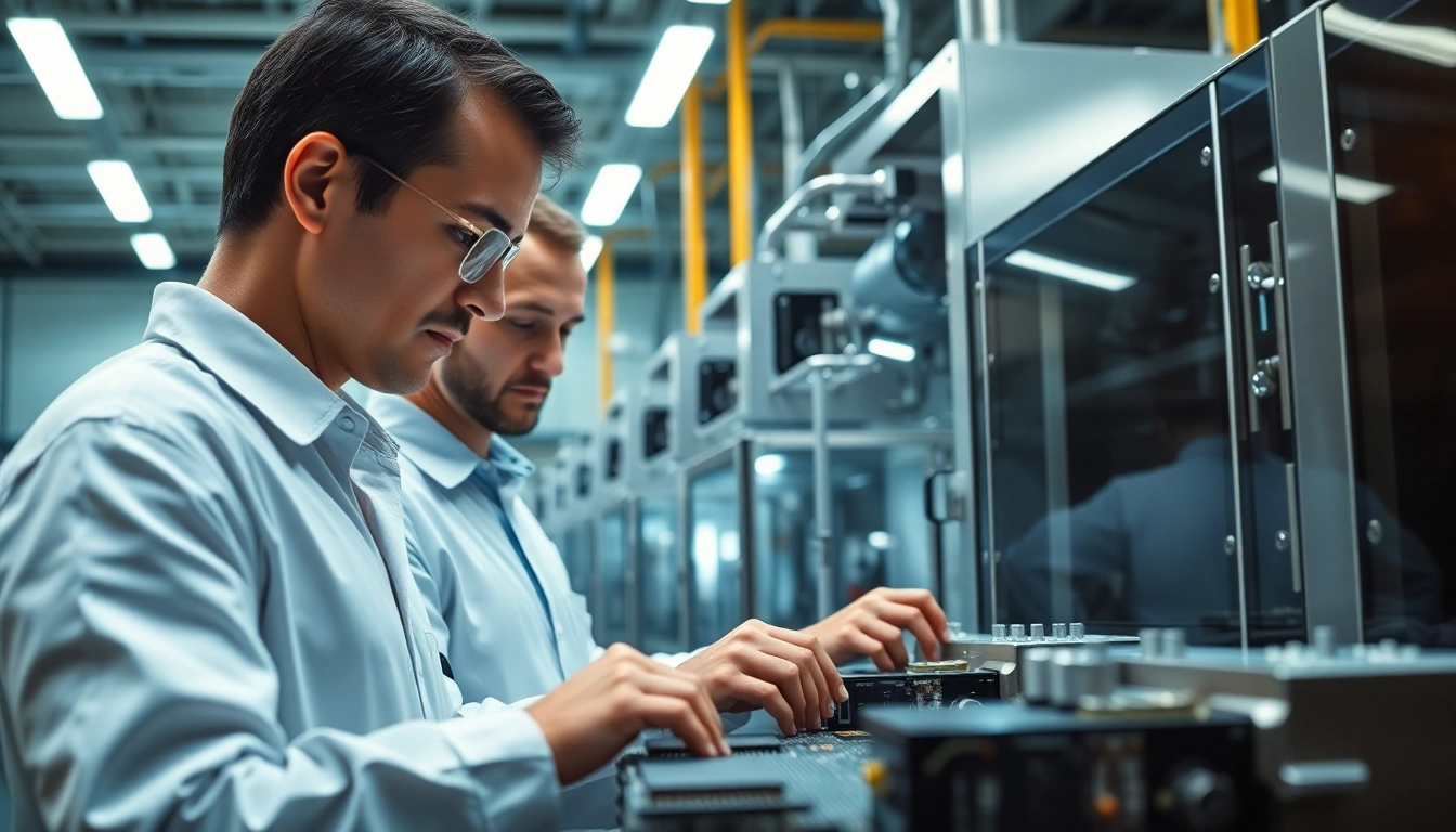 American engineers collaborating in a microchip factory to enhance technology.