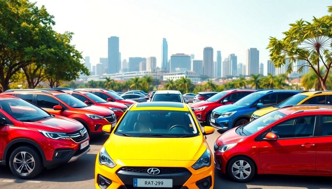 Explore cheap car rental deals with a vibrant lineup of diverse cars in an urban setting.