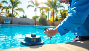 Swiming pool service Pinellas County technician maintaining a sparkling clean pool in a sunny backyard.