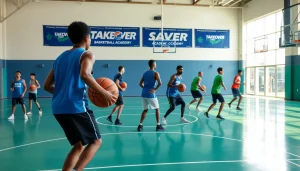 Players showcasing skills at Takeover Basketball Academy training session.