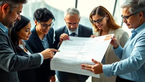 How do I know this document is real? Business professionals inspecting a document in a modern office.