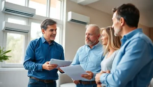Engaging HVAC dealers advising homeowners on efficient cooling options in a modern setting.