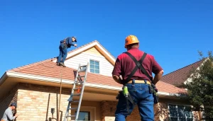 Emergency roof repair Texas team assessing damage to a residential roof in bright daylight.