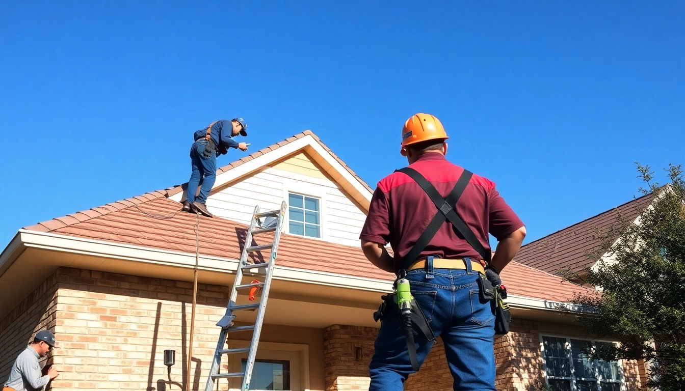 Emergency roof repair Texas team assessing damage to a residential roof in bright daylight.