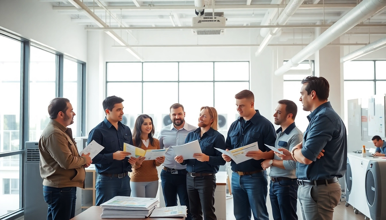 HVAC dealers discussing systems in a bright, modern office environment.