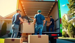 Canadian movers efficiently loading furniture into a moving truck in a picturesque suburban setting.
