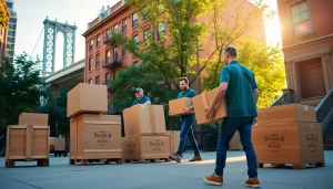 Brooklyn movers expertly handling furniture in a sunny urban environment.