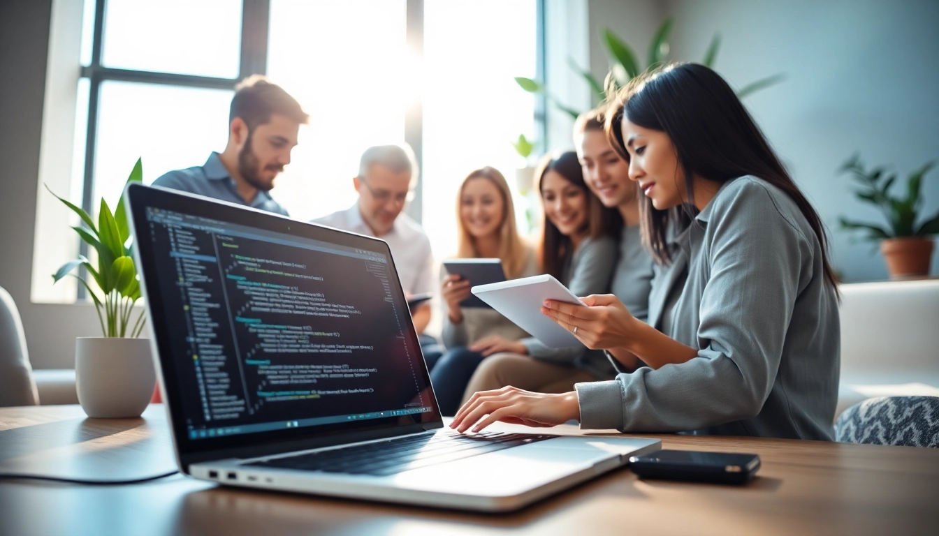 Developers collaborating on web development project in a bright office setting with modern tools.
