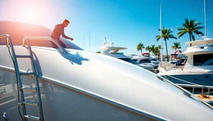 Apply Marine Ceramic Coating on a yacht with precision in a vibrant marina atmosphere.